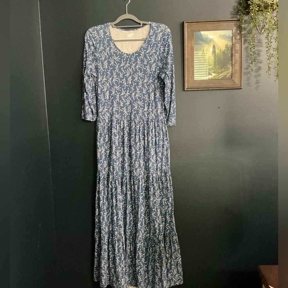 Lands End Blue Floral Tiered Maxi Dress with Scoop Neck xs